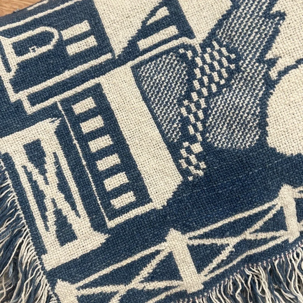 Lovebirds Woven Throw Blanket 53x44 Blue Folk Art Bird Heart Cotton Americana